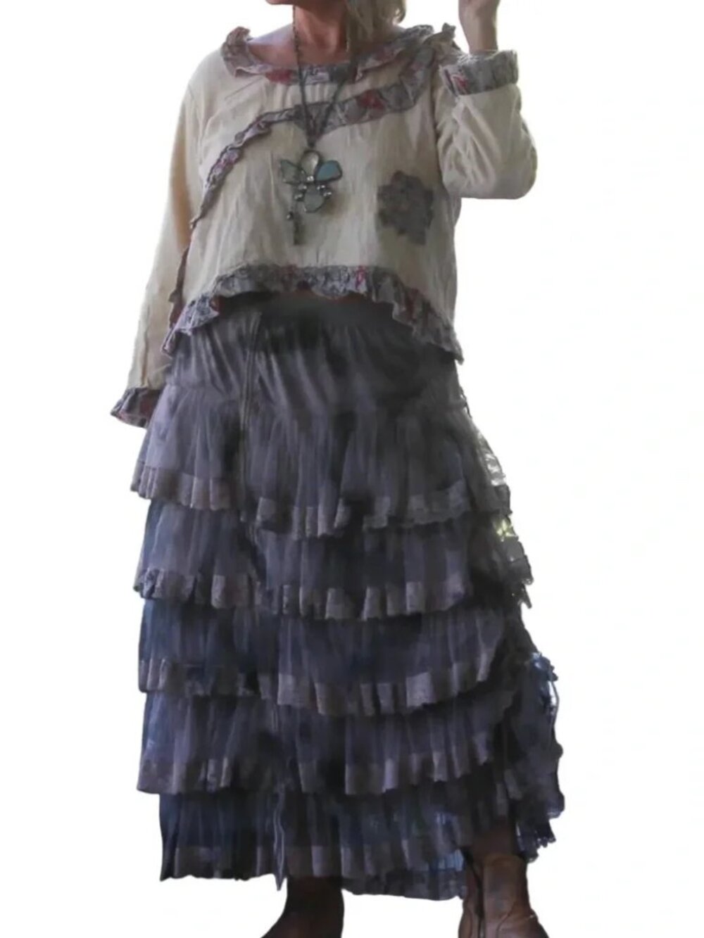 NWT Jaded Gypsy True Romance Skirt Charcoal Boho Maxi High Low Lace Ruffle Skirt - Picture 4 of 5